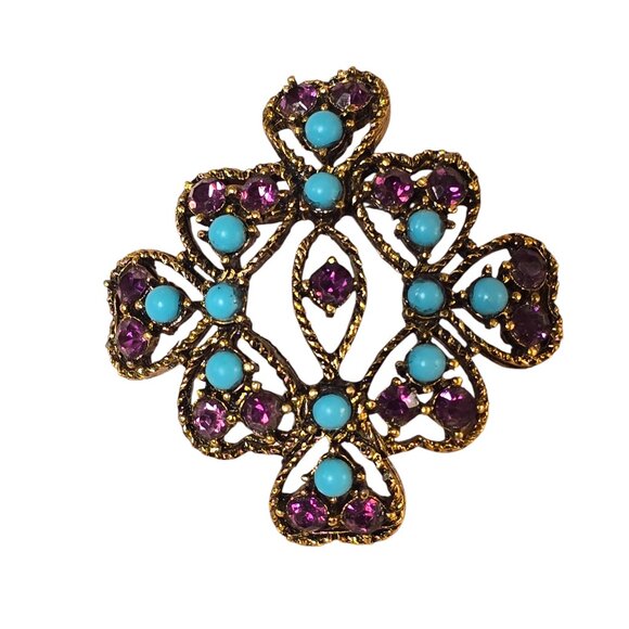 Vintage Dark Gold Turquoise Purple Crystal Dome Brooch - Picture 1 of 3
